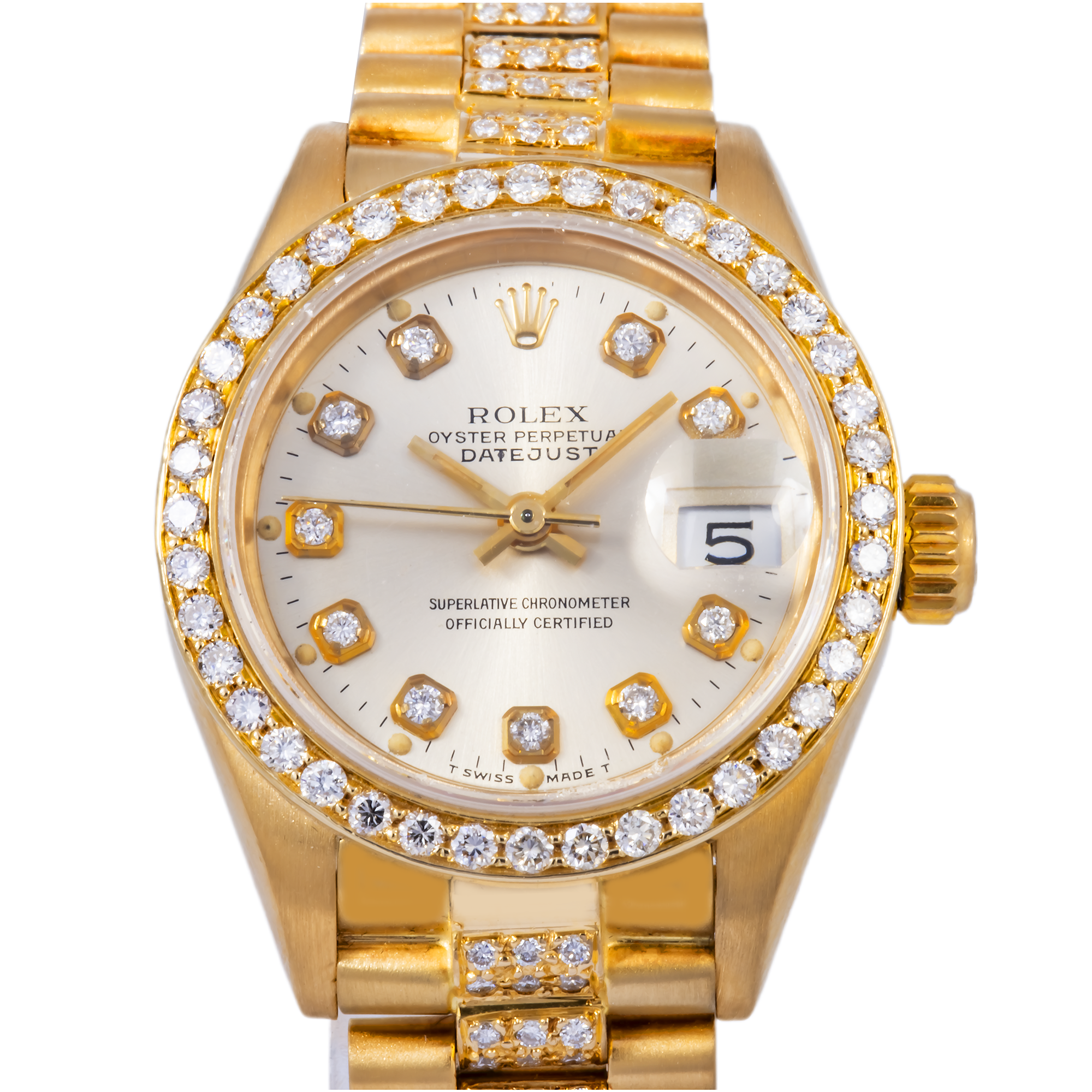 ROLEX LADY-DATEJUST DIAMOND WATCH, 69178 26MM, SILVER DIAMOND DIAL WITH PRESIDENT YELLOW GOLD SEMI DIAMOND JUBILEE BRACELET