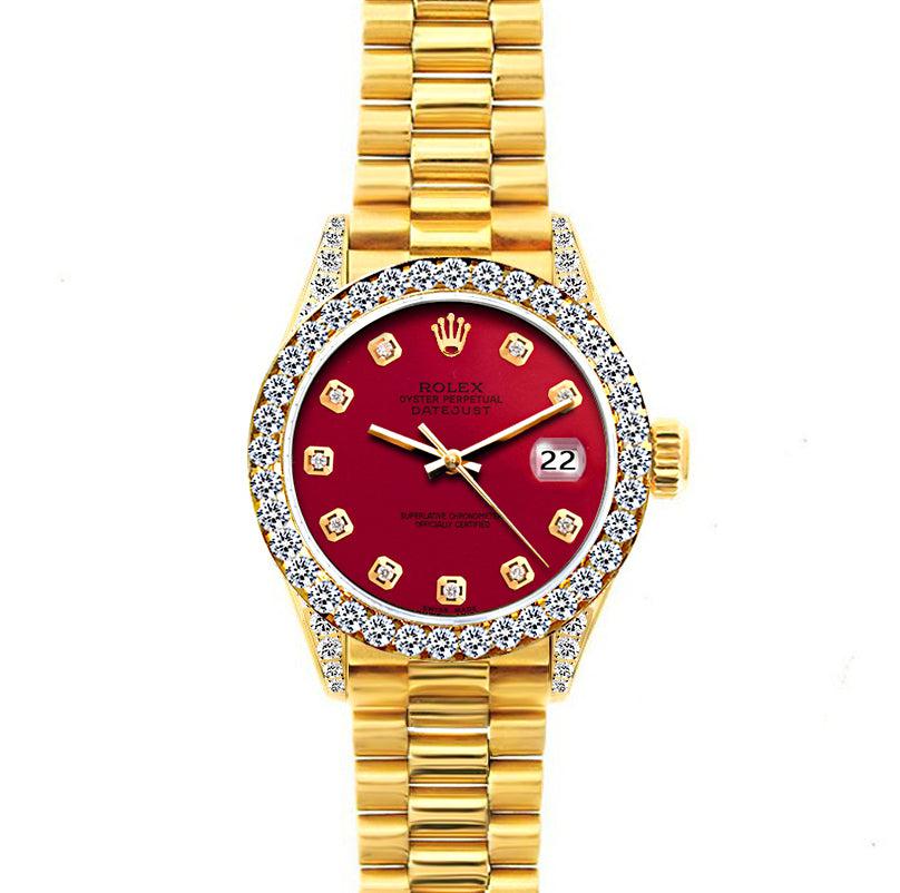 18k Yellow Gold Rolex Datejust Diamond Watch, 26mm, President Bracelet Cardinal w/ Diamond Bezel and Lugs