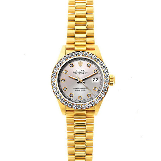 18k Yellow Gold Rolex Datejust Diamond Watch, 26mm, President Bracelet Silver Dial w/ Diamond Bezel