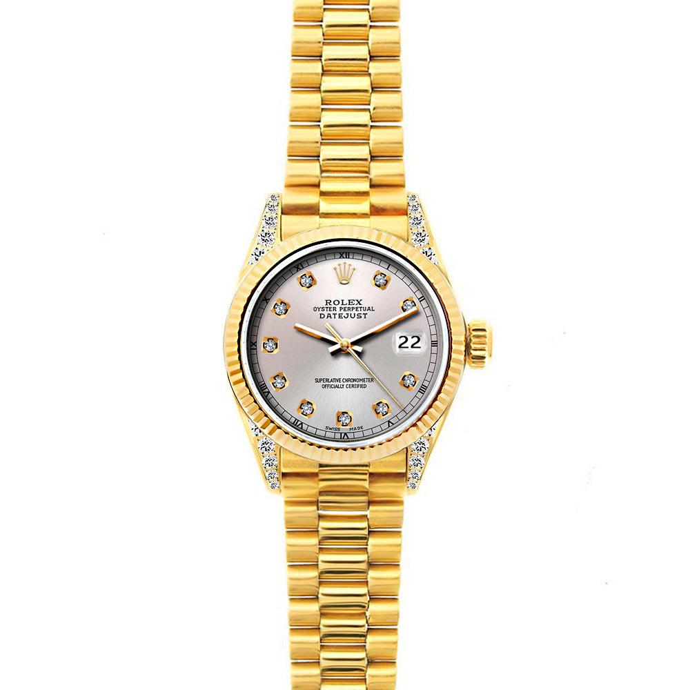 18k Yellow Gold Rolex Datejust Diamond Watch, 26mm, President Bracelet Silver Dial w/ Diamond Lugs