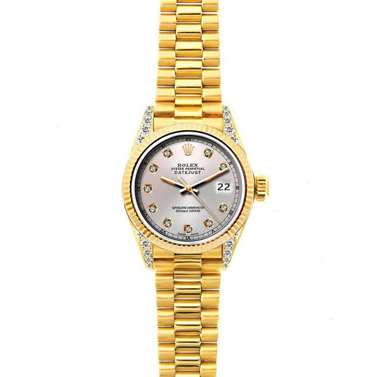 18k Yellow Gold Rolex Datejust Diamond Watch, 26mm, President Bracelet Silver Dial w/ Diamond Lugs