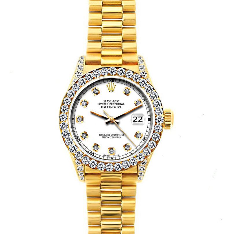 18k Yellow Gold Rolex Datejust Diamond Watch, 26mm, President Bracelet White w/ Diamond Bezel and Lugs