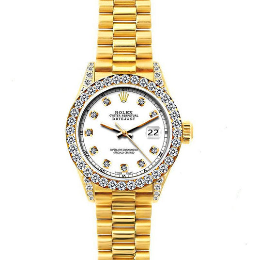 18k Yellow Gold Rolex Datejust Diamond Watch, 26mm, President Bracelet White w/ Diamond Bezel and Lugs