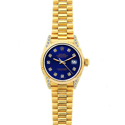 18k Yellow Gold Rolex Datejust Diamond Watch, 26mm, President Bracelet Ultramarine Dial w/ Diamond Lugs