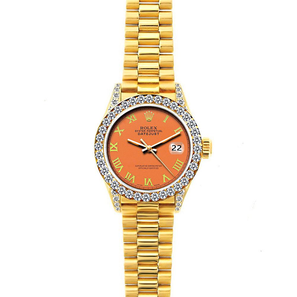 18k Yellow Gold Rolex Datejust Diamond Watch, 26mm, President Bracelet Orange Dial w/ Diamond Bezel and Lugs