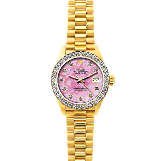 18k Yellow Gold Rolex Datejust Diamond Watch, 26mm, President Bracelet Pink Flower Dial w/ Diamond Bezel