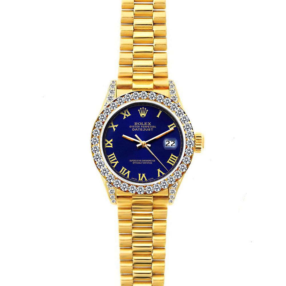 18k Yellow Gold Rolex Datejust Diamond Watch, 26mm, President Bracelet Ultramarine Dial w/ Diamond Bezel and Lugs