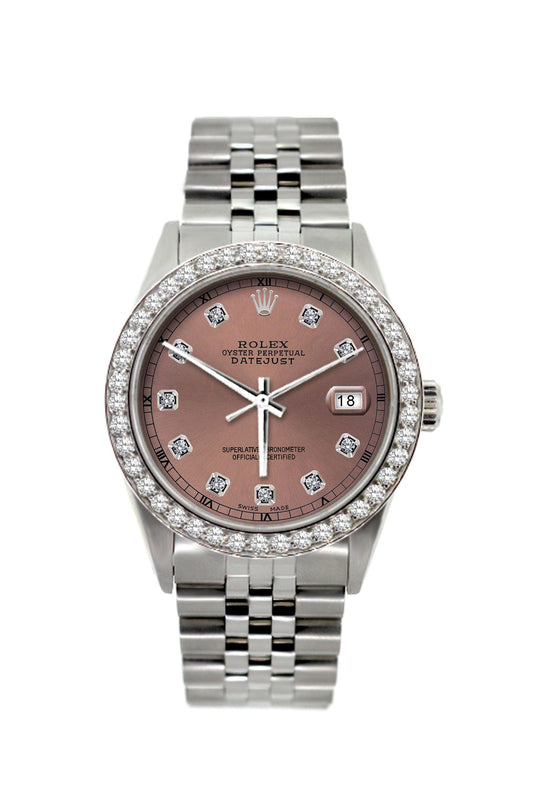 Rolex Datejust Diamond Watch, 36mm, Stainless Steel Rose Dial w/ Diamond Bezel