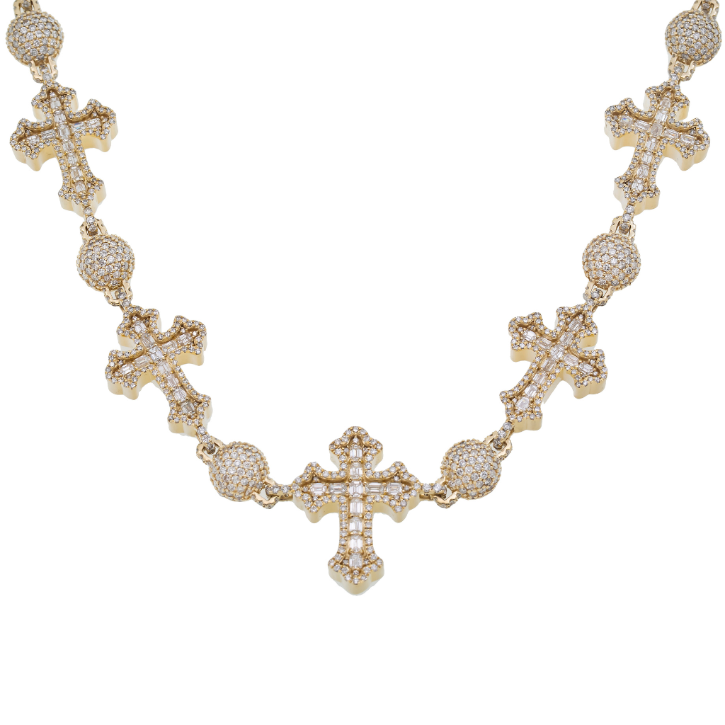 10K GOLD 10.9MM BAGUETTE DIAMOND CROSS BALL CHAIN 38.14 CT