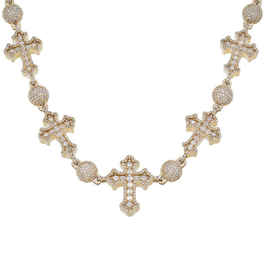 10K GOLD 10.9MM BAGUETTE DIAMOND CROSS BALL CHAIN 38.14 CT