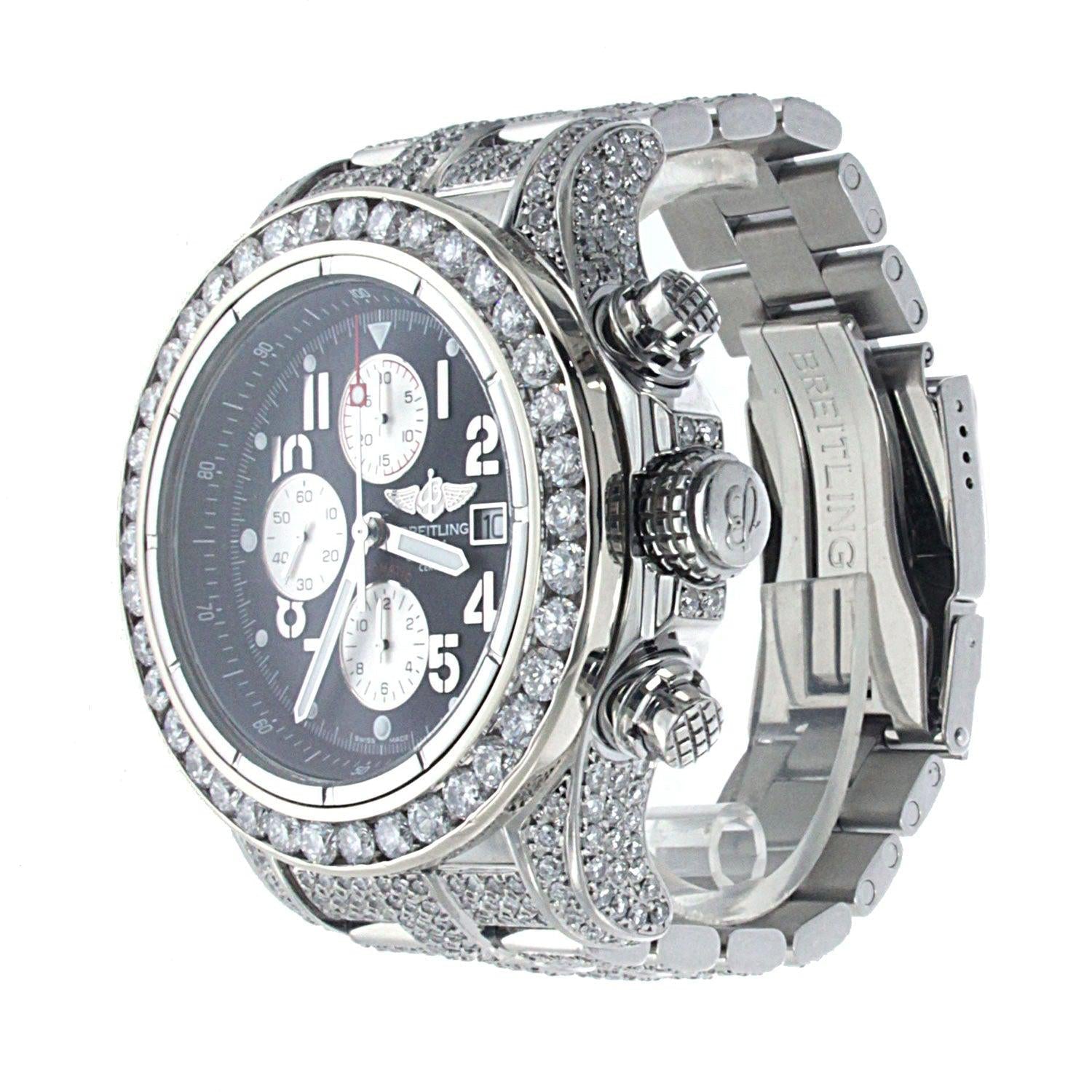 Breitling Super Avenger 48MM Black Dial With Diamond Stainless Steel Bracelet