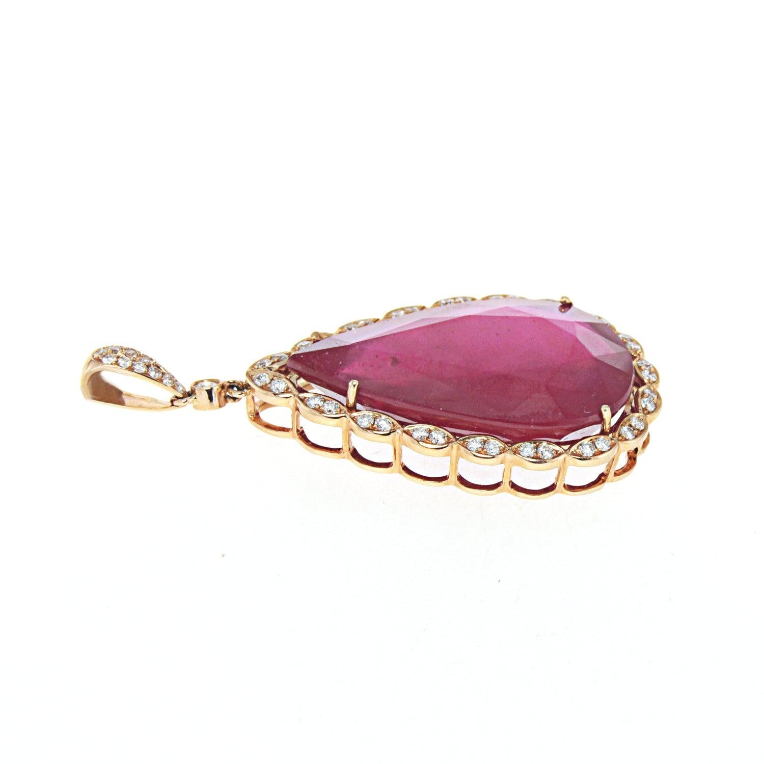 Rose Gold Pendant with Diamonds and Pear Shaped Ruby Center