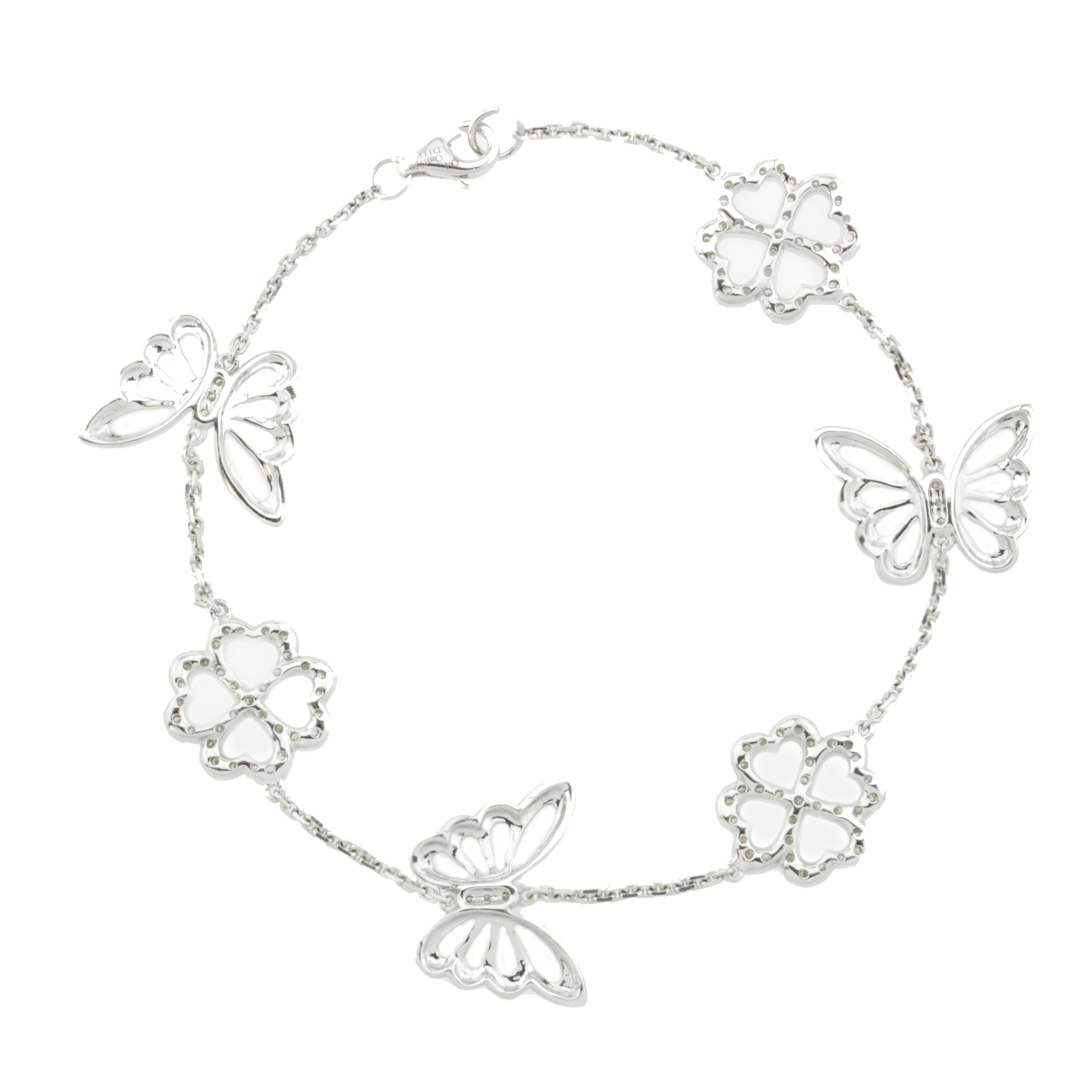 18K White Gold Bracelet with Diamond Flowers and Butterfly With Round Cut Diamonds 1.11CT