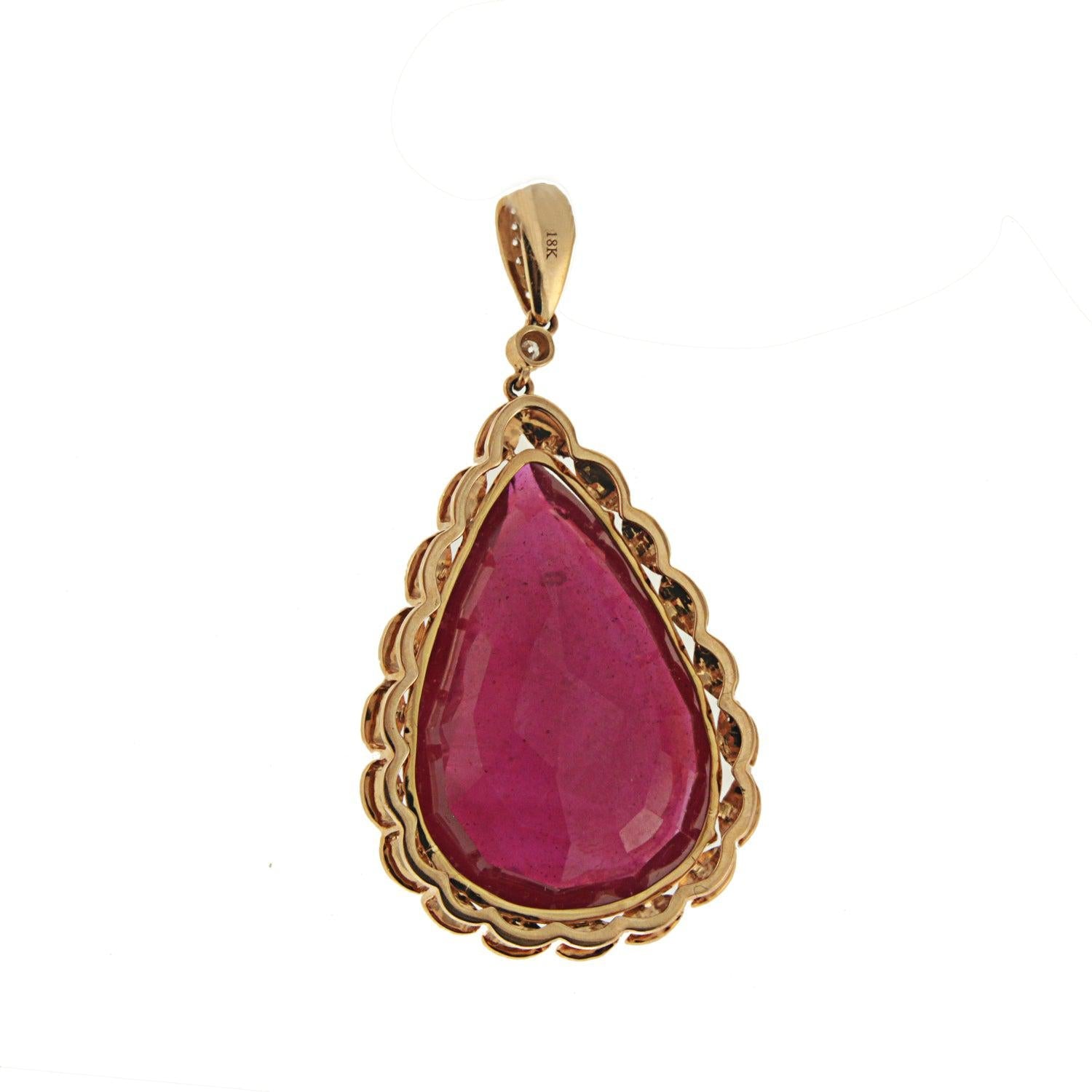 Rose Gold Pendant with Diamonds and Pear Shaped Ruby Center