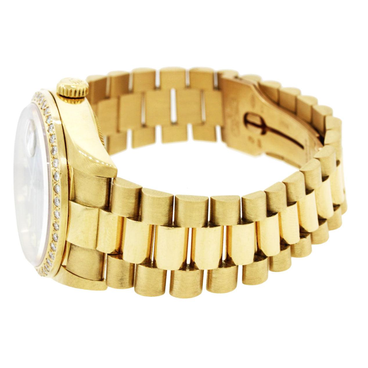 18K Yellow Gold Rolex Diamond Watch, Day Date President 36mm, Mother of Pearl Diamond Dial with 1.75CT Diamond Bezel