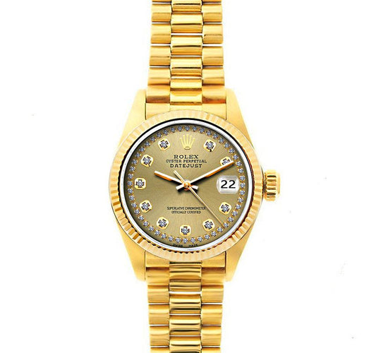 Rolex Datejust 26mm 18k Yellow Gold President Bracelet Champagne Dial
