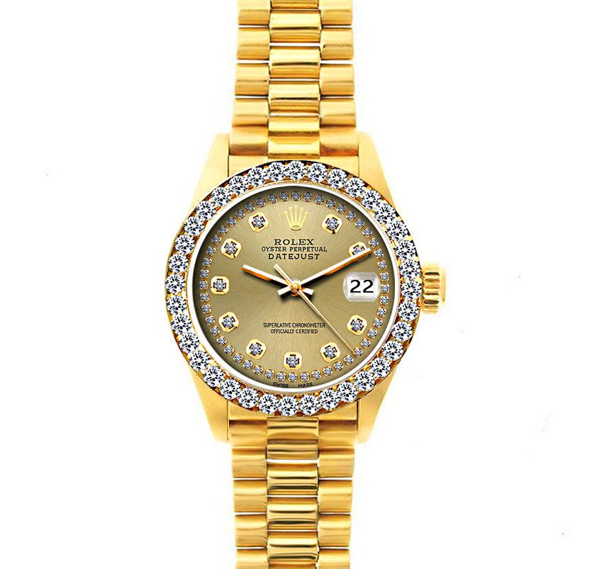18k Yellow Gold Rolex Datejust Diamond Watch, 26mm, President Bracelet Champagne Dial w/Diamond Bezel