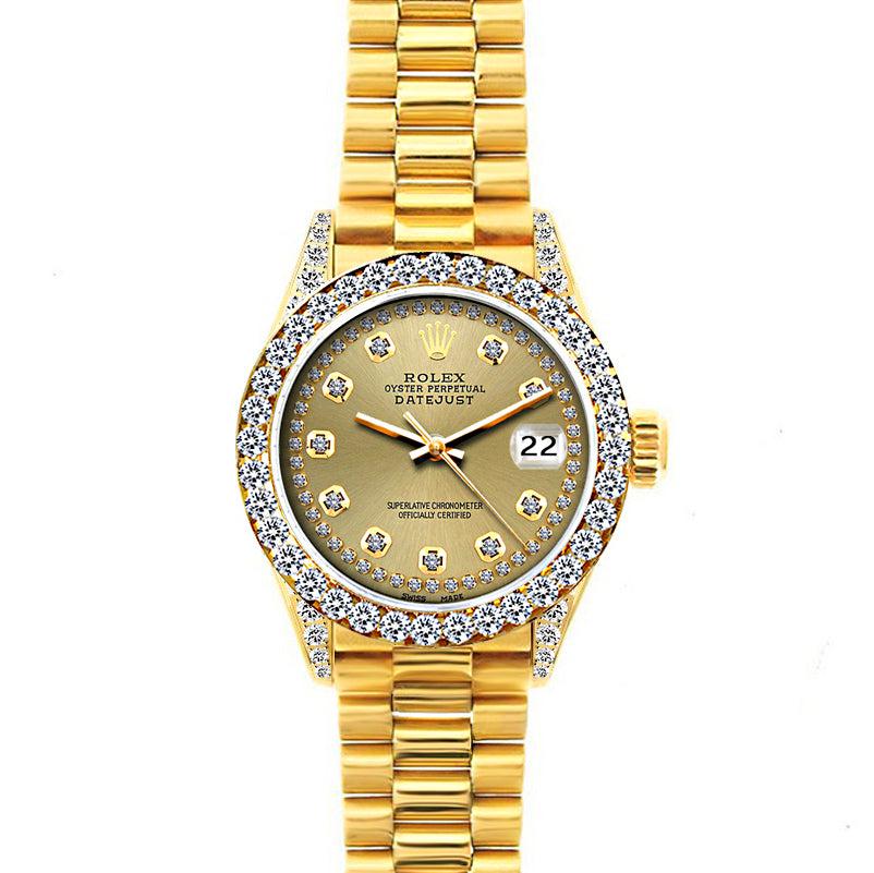 18k Yellow Gold Rolex Datejust Diamond Watch, 26mm, President Bracelet Champagne Dial w/ Diamond Bezel and Lugs