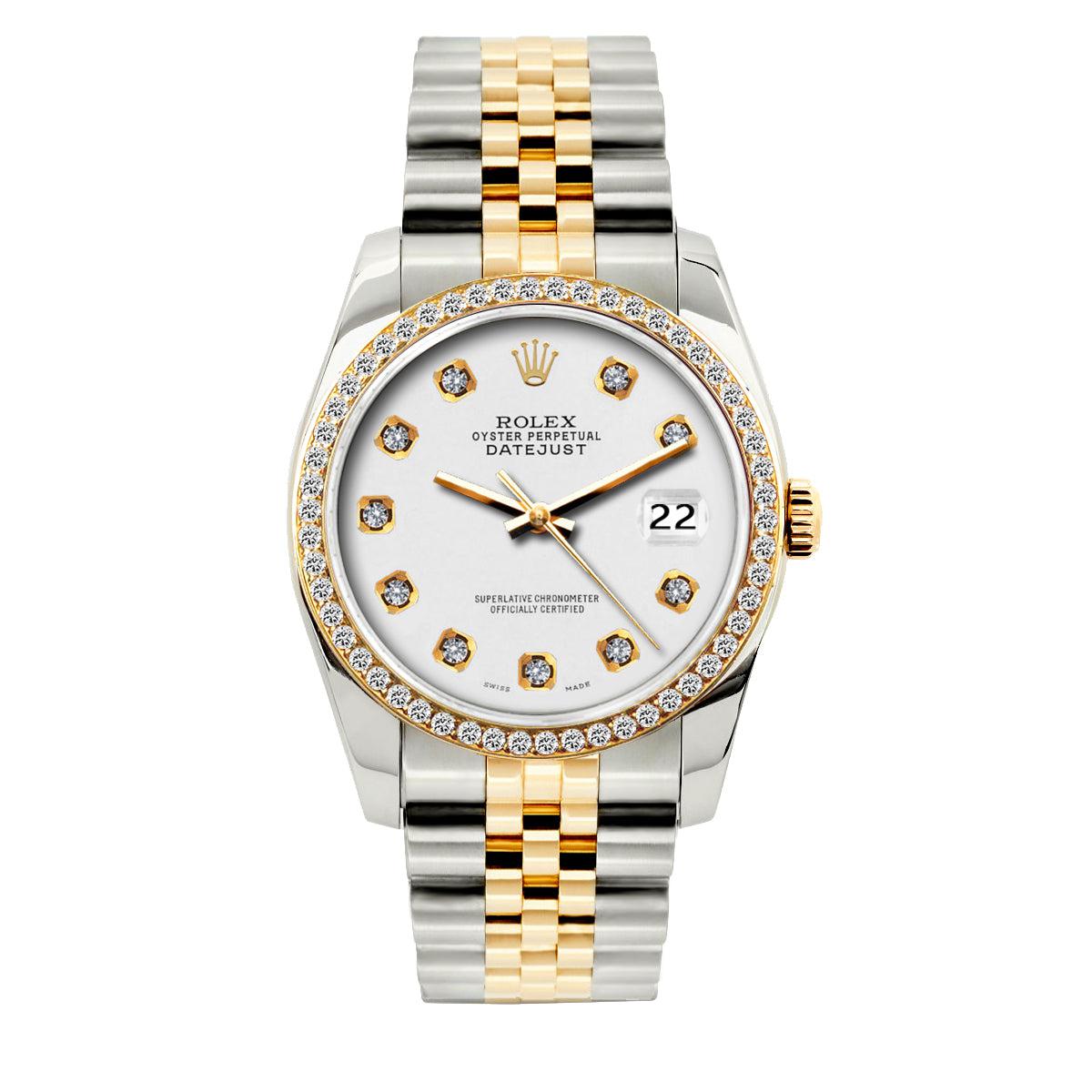 Rolex Datejust Diamond Watch, 36mm, Yellow Gold and Stainless Steel Bracelet White Dial w/ Diamond Bezel