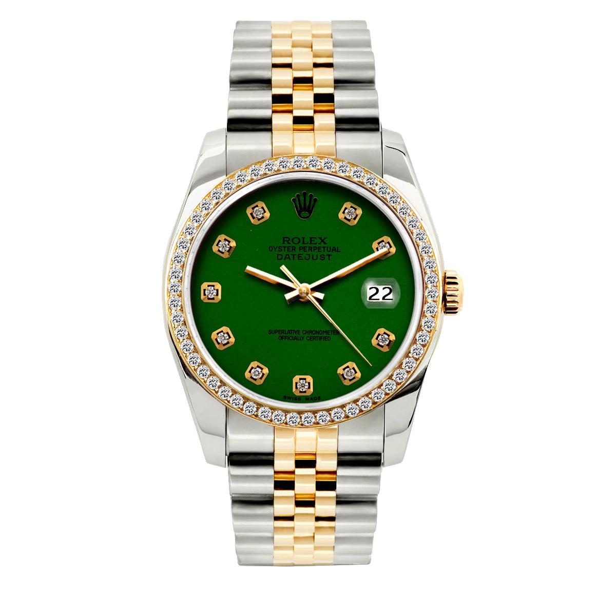 Rolex Datejust Diamond Watch, 36mm, Yellow Gold and Stainless Steel Bracelet Dark Green Dial w/ Diamond Bezel