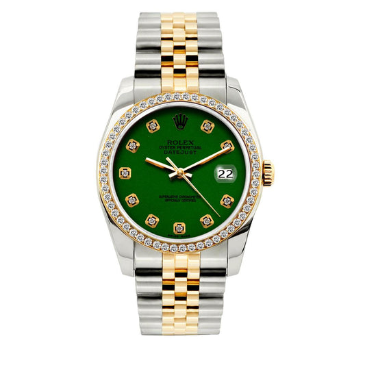Rolex Datejust Diamond Watch, 36mm, Yellow Gold and Stainless Steel Bracelet Dark Green Dial w/ Diamond Bezel