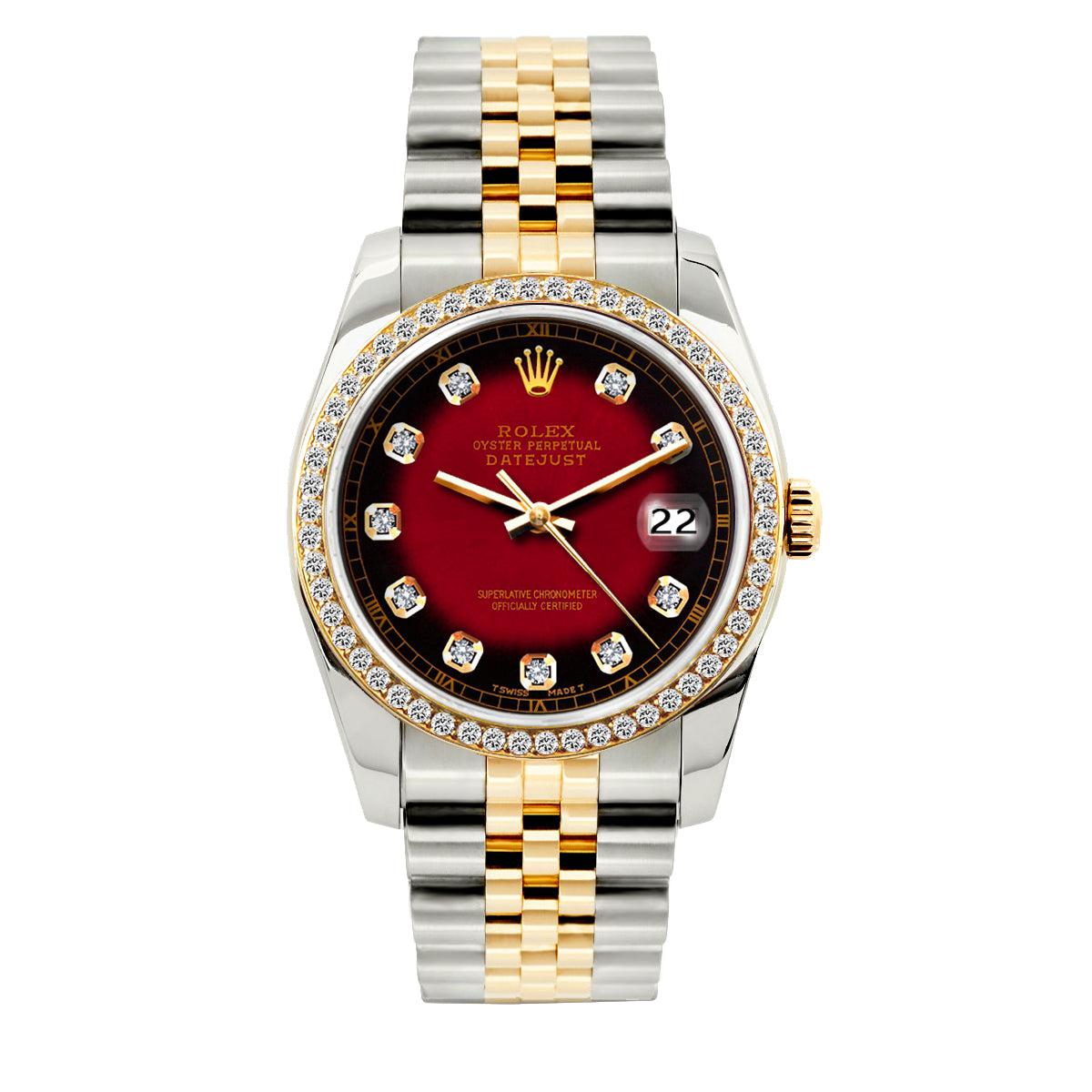 Rolex Datejust Diamond Watch, 36mm, Yellow Gold and Stainless Steel Bracelet Red Black Dial w/ Diamond Bezel