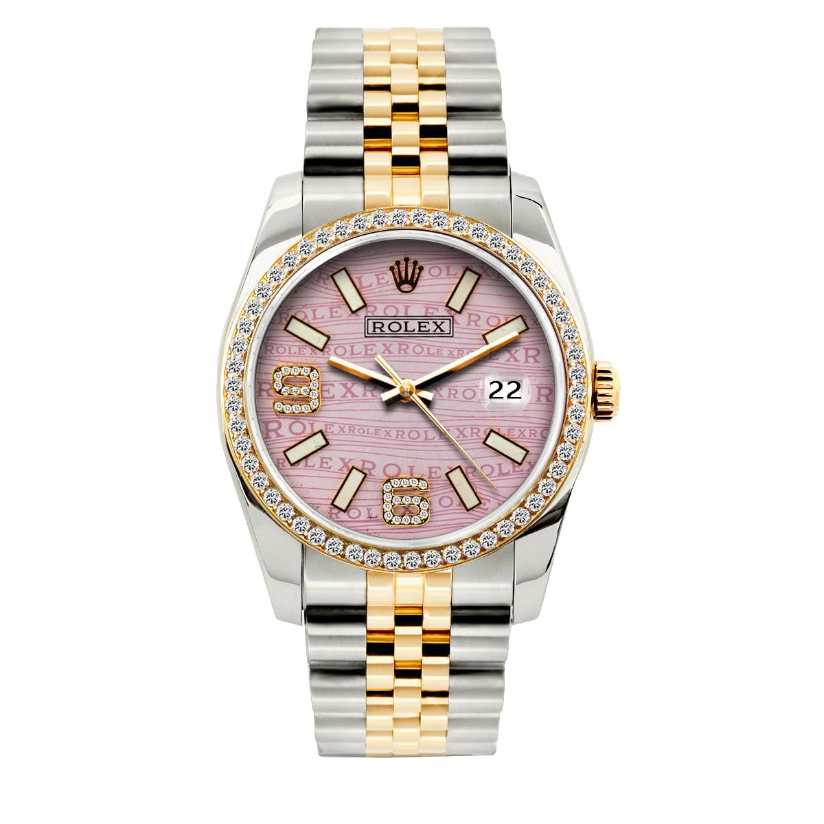 Rolex Datejust Diamond Watch, 36mm, Yellow Gold and Stainless Steel Bracelet Light Pink Rolex Dial w/ Diamond Bezel