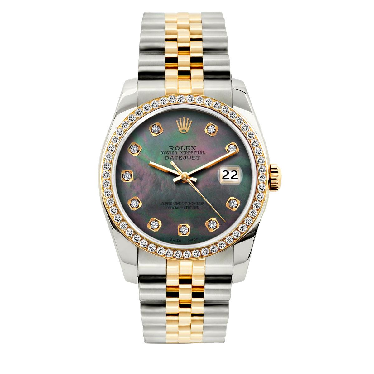 Rolex Datejust Diamond Watch, 36mm, Yellow Gold and Stainless Steel Bracelet Black Mother of Pearl Dial w/ Diamond Bezel