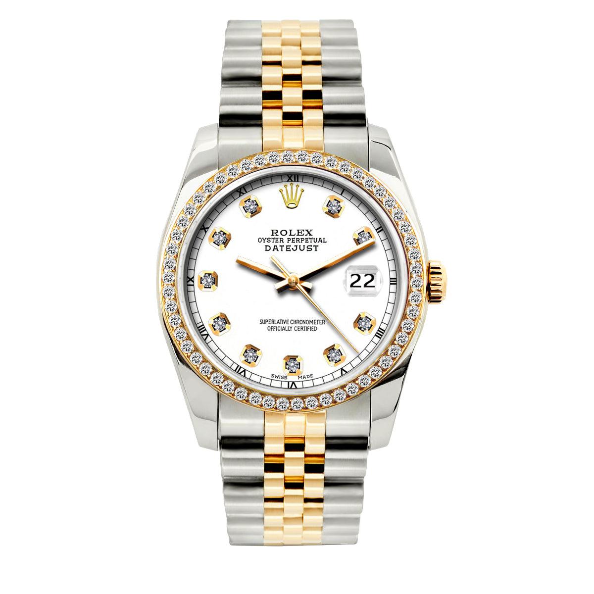 Rolex Datejust Diamond Watch, 36mm, Yellow Gold and Stainless Steel Bracelet White Dial w/ Diamond Bezel
