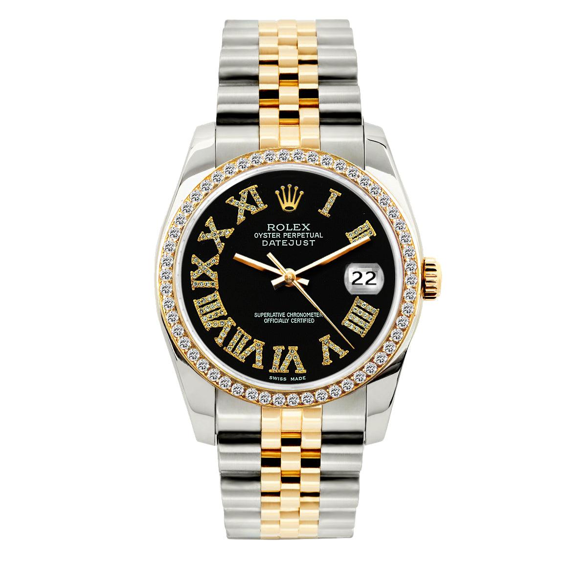 Rolex Datejust Diamond Watch, 36mm, Yellow Gold and Stainless Steel Bracelet Black Roman Dial w/ Diamond Bezel