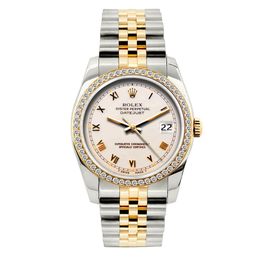 Rolex Datejust Diamond Watch, 36mm, Yellow Gold and Stainless Steel Bracelet Pink Pastel Dial w/ Diamond Bezel