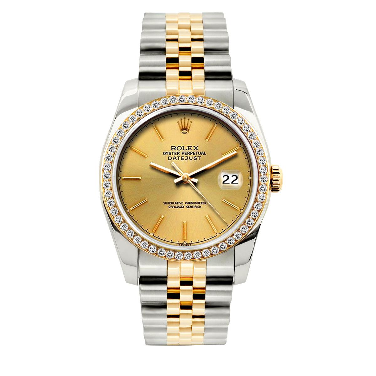 Rolex Datejust Diamond Watch, 36mm, Yellow Gold and Stainless Steel Bracelet Yellow Gold Dial w/ Diamond Bezel