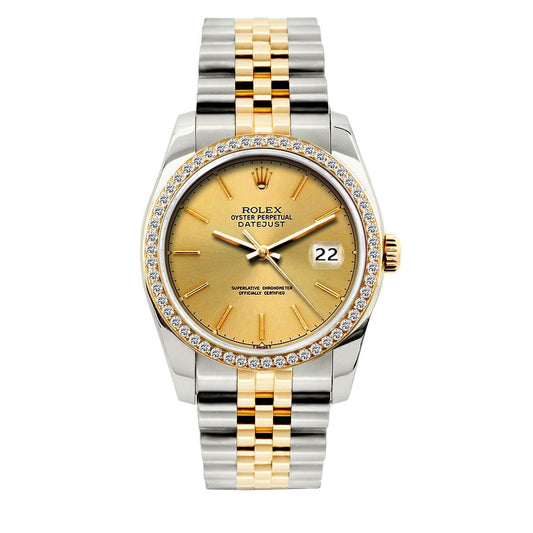 Rolex Datejust Diamond Watch, 36mm, Yellow Gold and Stainless Steel Bracelet Yellow Gold Dial w/ Diamond Bezel