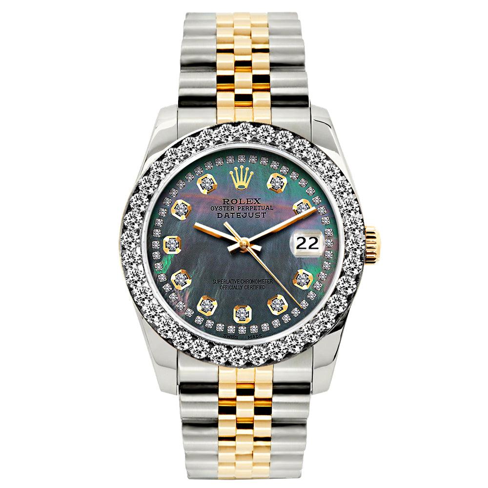 Rolex Datejust Diamond Watch, 26mm, Yellow Gold and Stainless Steel Bracelet Black Mother Of Pearl Dial w/ Diamond Bezel