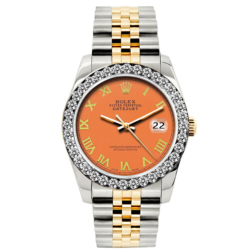 Rolex Datejust Diamond Watch, 26mm, Yellow Gold and Stainless Steel Bracelet Orange Dial w/ Diamond Bezel