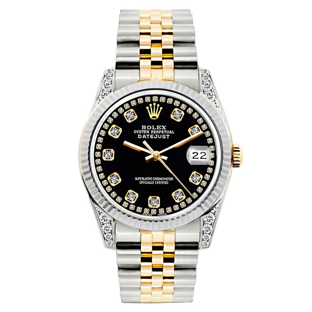 Rolex Datejust Diamond Watch, 26mm, Yellow Gold and Stainless Steel Bracelet Black Dial w/ Diamond Lugs