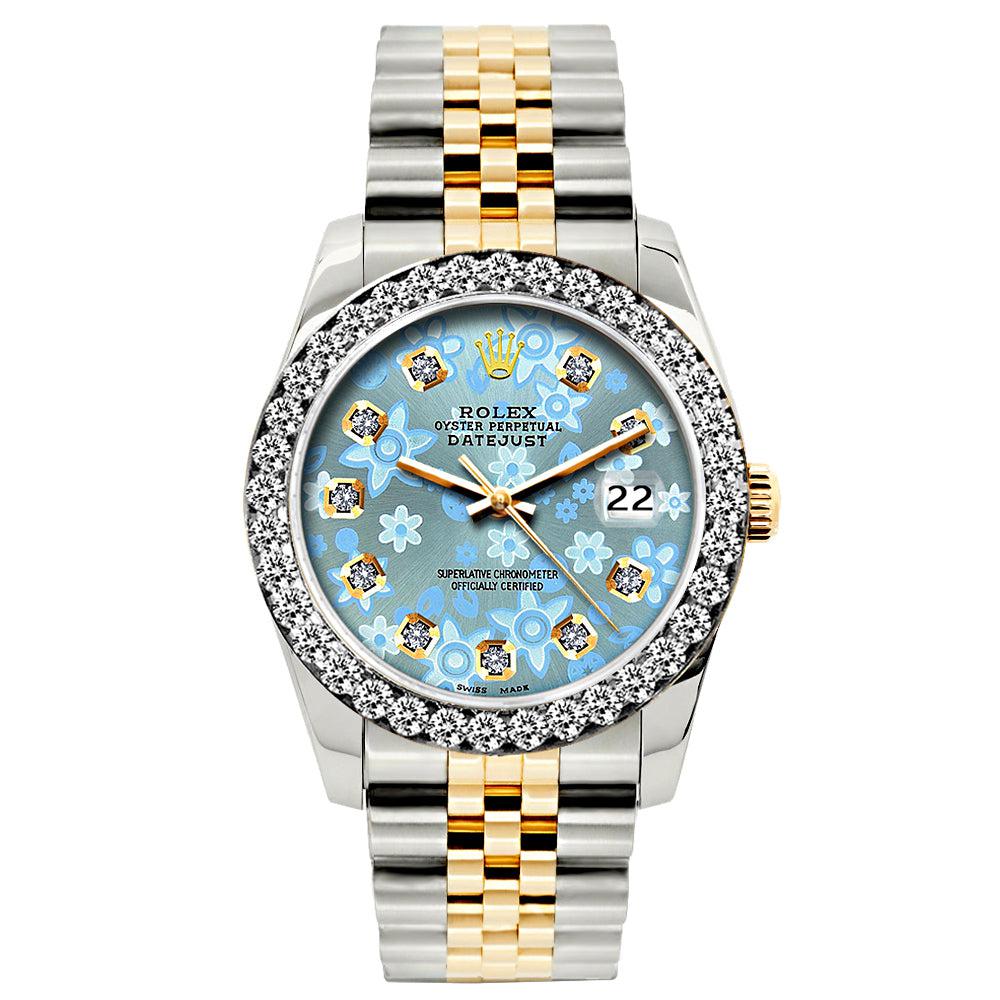 Rolex Datejust Diamond Watch, 26mm, Yellow Gold and Stainless Steel Bracelet Ice Blue Flower Dial w/ Diamond Bezel