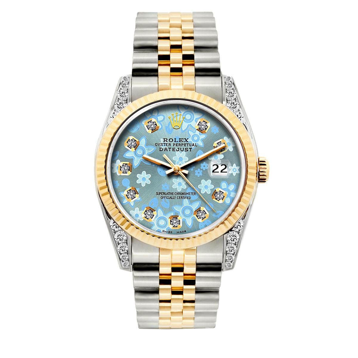 Rolex Datejust Diamond Watch, 36mm, Yellow Gold and Stainless Steel Bracelet Blue Flower Dial w/ Diamond Lugs