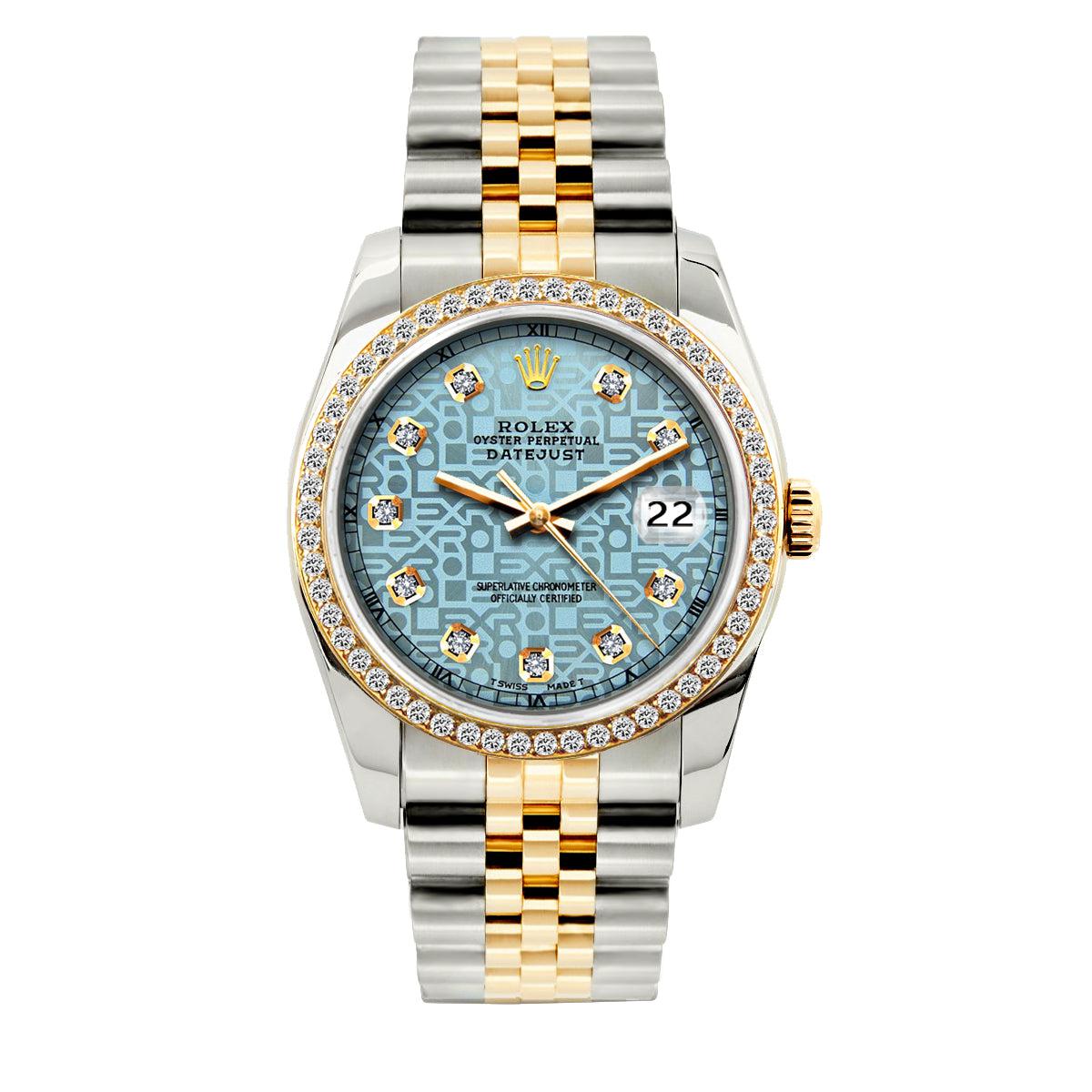 Rolex Datejust Diamond Watch, 36mm, Yellow Gold and Stainless Steel Bracelet Blue Rolex Dial w/ Diamond Bezel