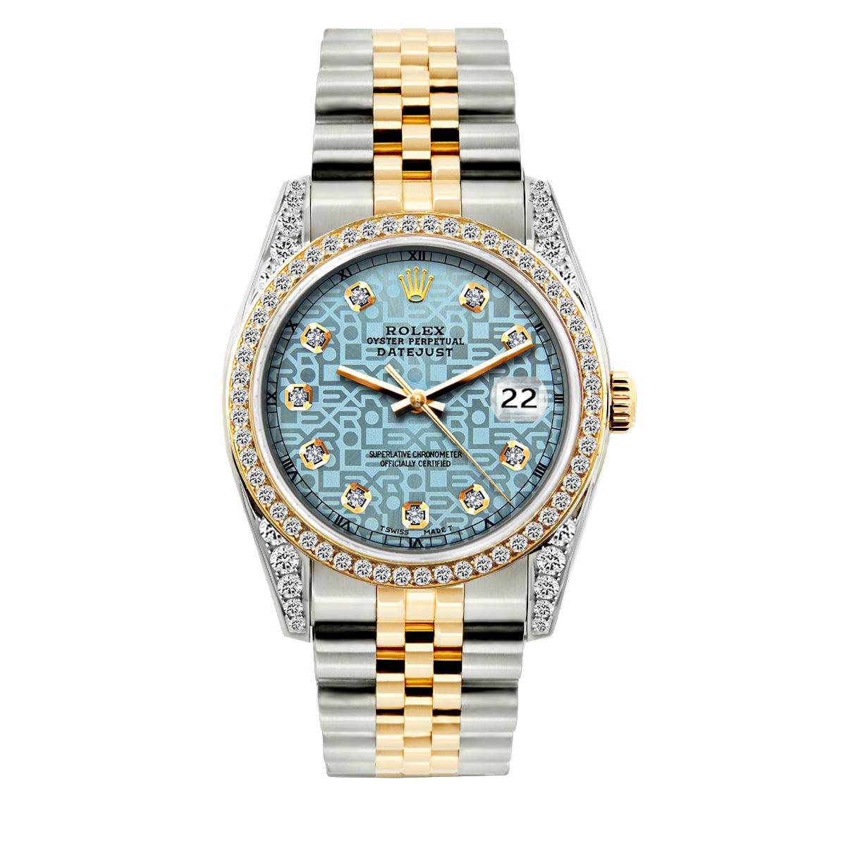 Rolex Datejust Diamond Watch, 36mm, Yellow Gold and Stainless Steel Bracelet Blue Rolex Dial w/ Diamond Bezel and Lugs