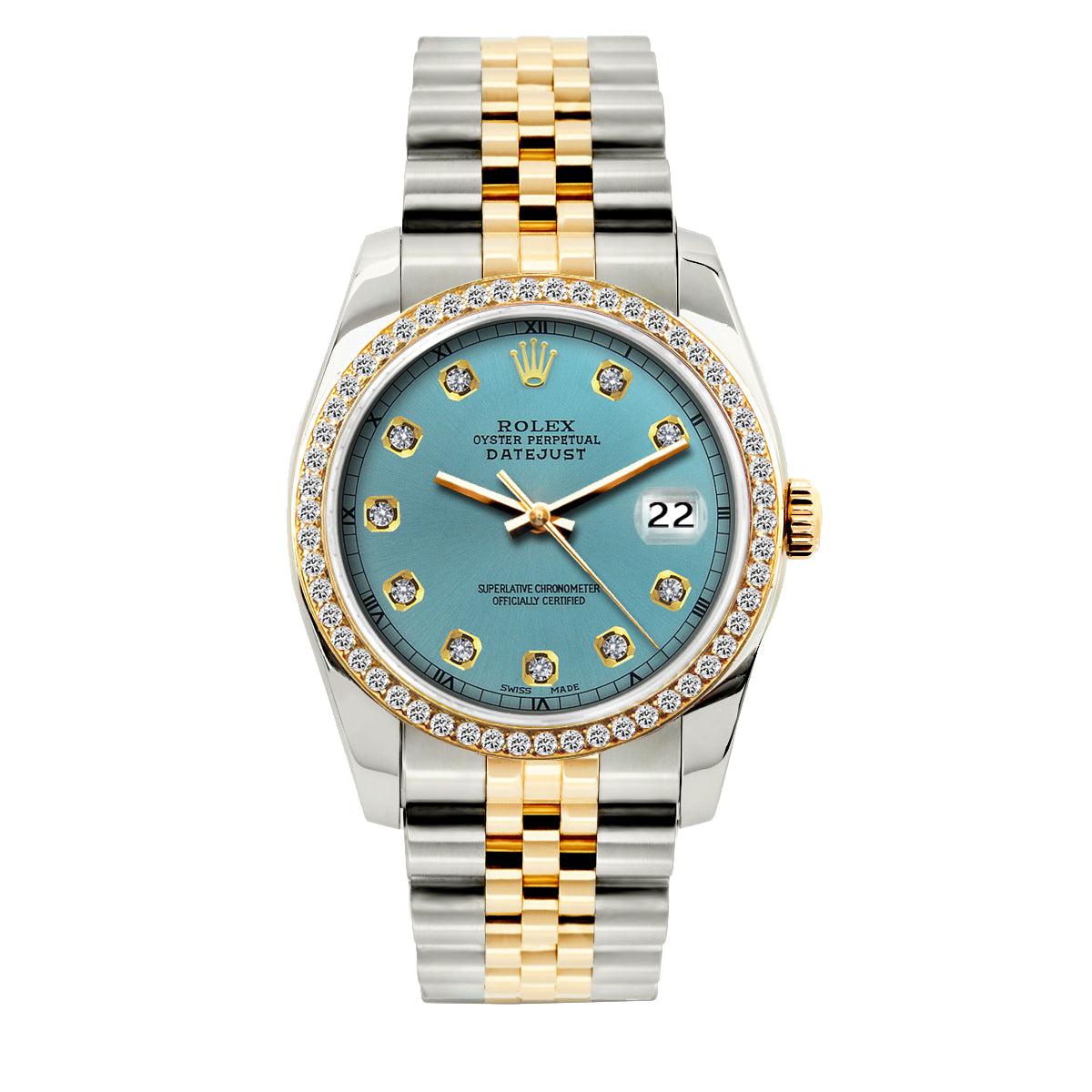 Rolex Datejust Diamond Watch, 36mm, Yellow Gold and Stainless Steel Bracelet Ice Blue Dial w/ Diamond Bezel
