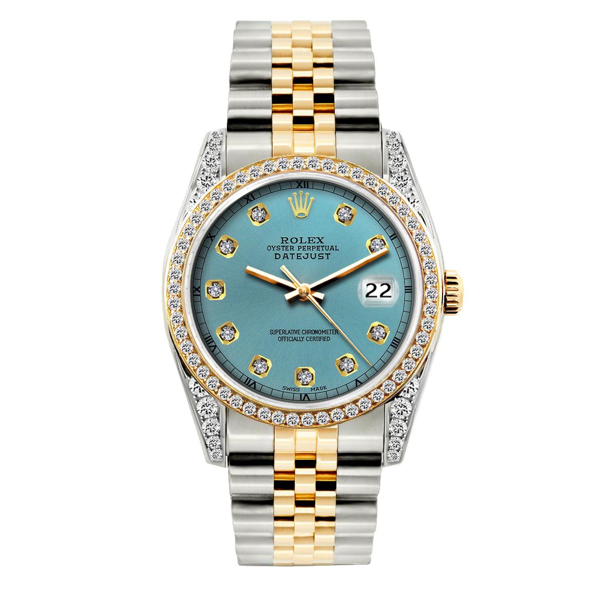 Rolex Datejust Diamond Watch, 36mm, Yellow Gold and Stainless Steel Bracelet Ice Blue Dial w/ Diamond Bezel and Lugs
