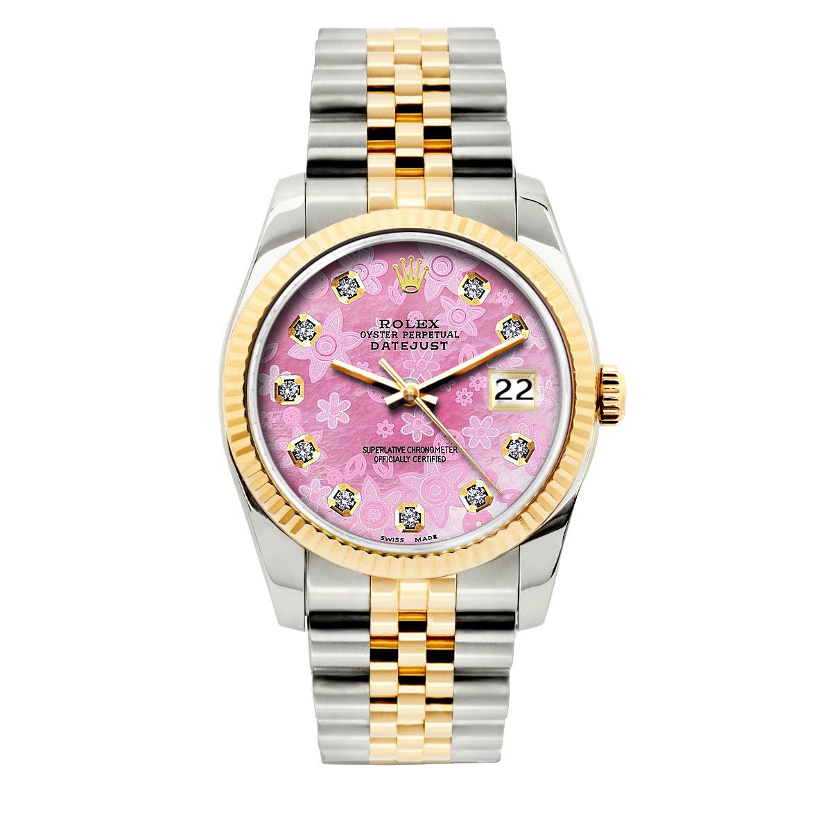 Rolex Datejust 36mm Yellow Gold and Stainless Steel Bracelet Pink Flower Dial