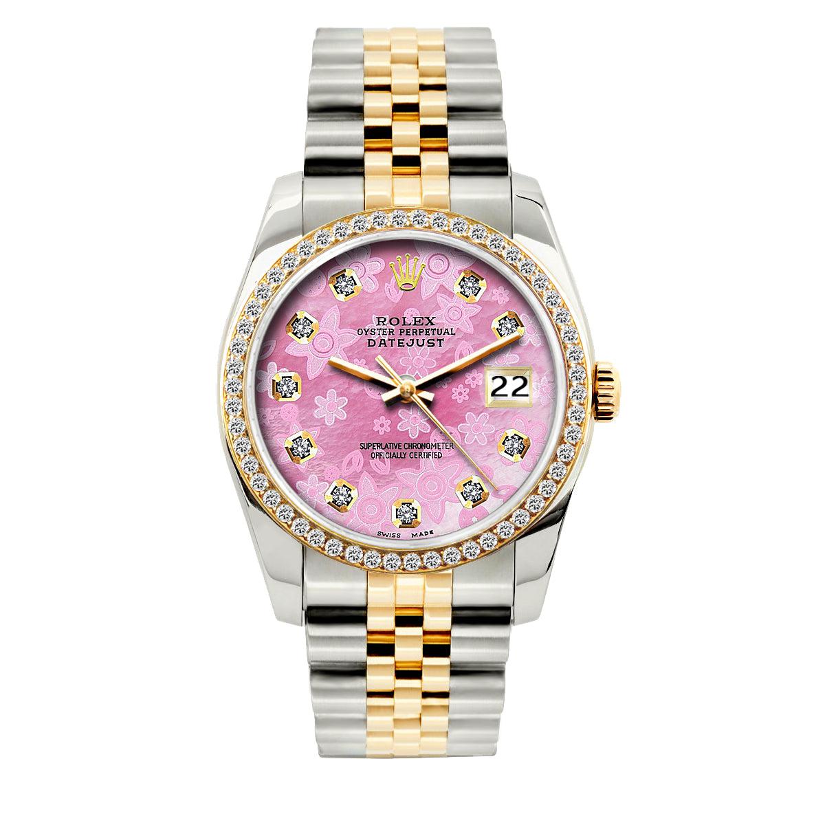 Rolex Datejust Diamond Watch, 36mm, Yellow Gold and Stainless Steel Bracelet Pink Flower Dial w/ Diamond Bezel