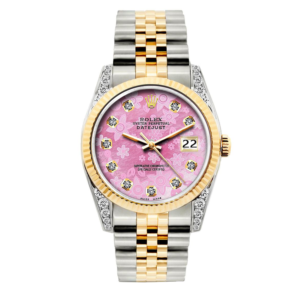 Rolex Datejust Diamond Watch, 36mm, Yellow Gold and Stainless Steel Bracelet Pink Flower Dial w/ Diamond Lugs