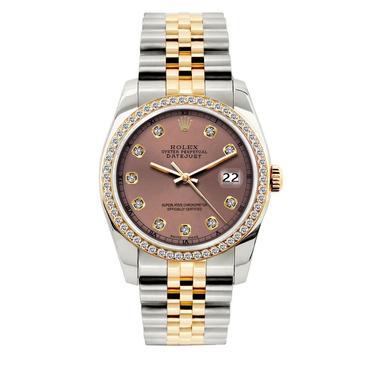 Rolex Datejust Diamond Watch, 36mm, Yellow Gold and Stainless Steel Bracelet Earthen Dial w/ Diamond Bezel
