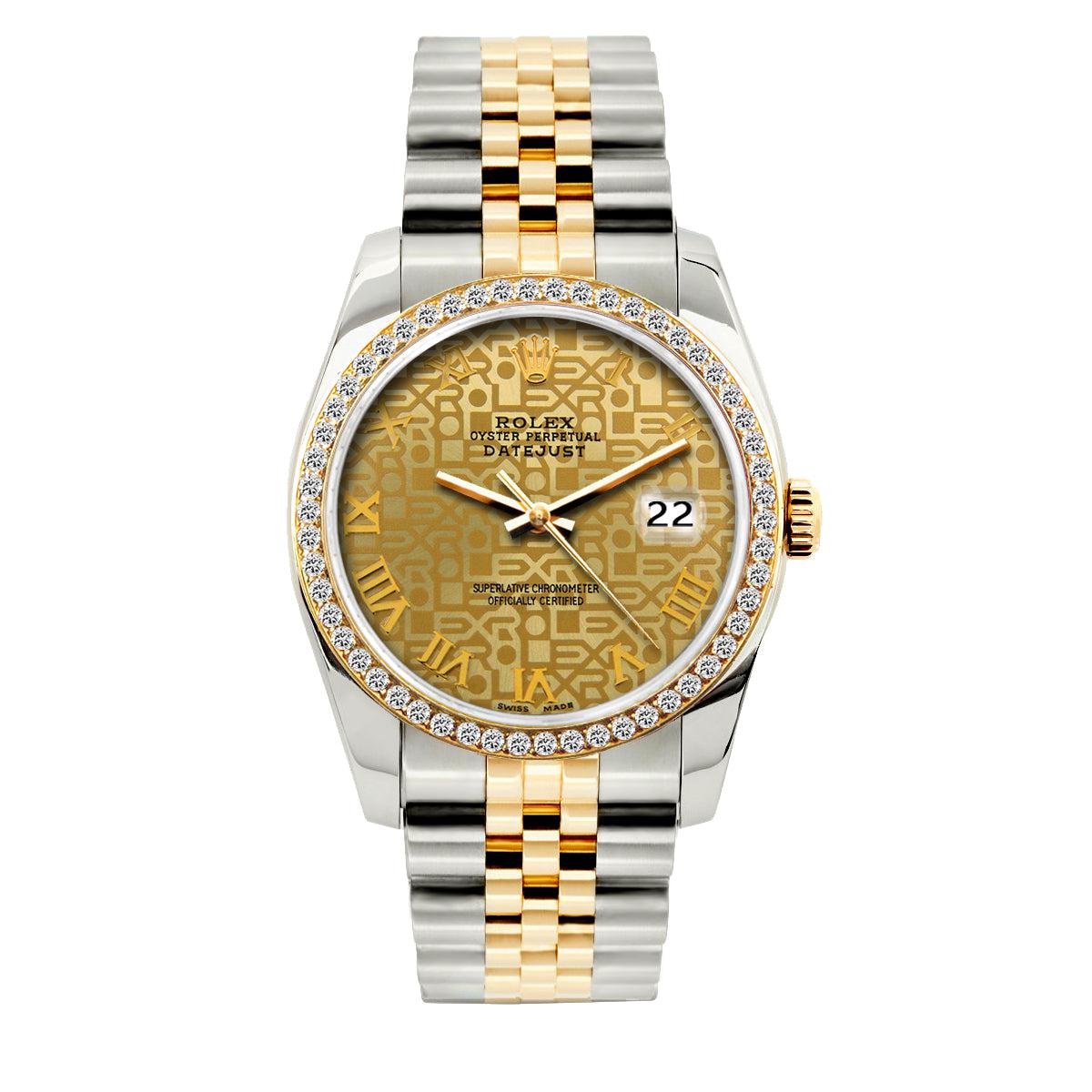 Rolex Datejust Diamond Watch, 36mm, Yellow Gold and Stainless Steel Bracelet Yellow Gold Dial w/ Diamond Bezel