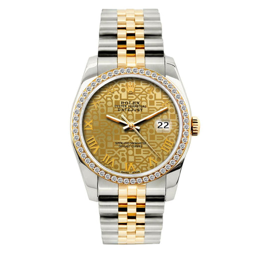 Rolex Datejust Diamond Watch, 36mm, Yellow Gold and Stainless Steel Bracelet Yellow Gold Dial w/ Diamond Bezel