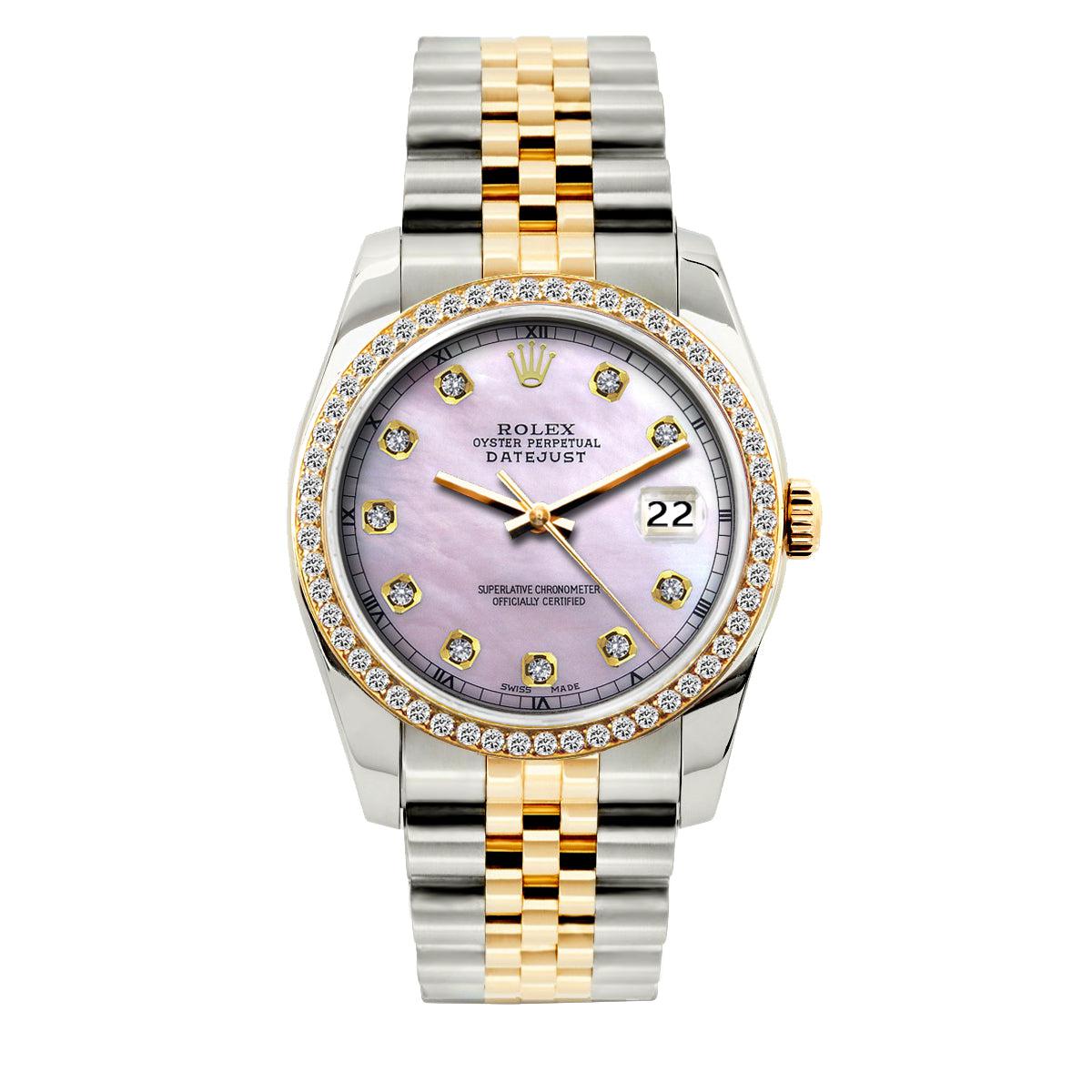 Rolex Datejust Diamond Watch, 36mm, Yellow Gold and Stainless Steel Bracelet Lavender Dial w/ Diamond Bezel