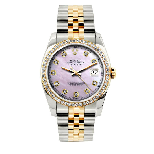 Rolex Datejust Diamond Watch, 36mm, Yellow Gold and Stainless Steel Bracelet Lavender Dial w/ Diamond Bezel